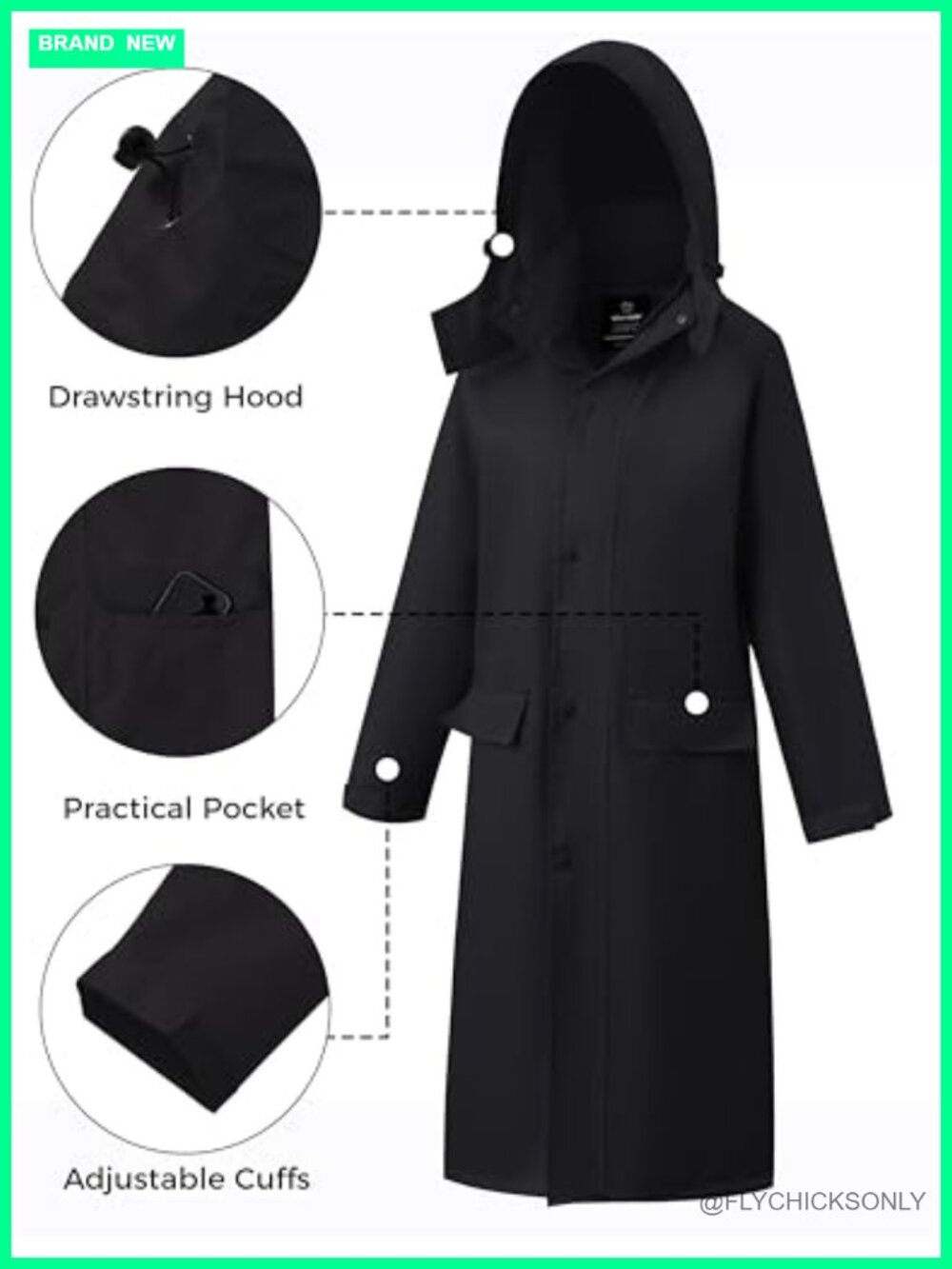 Women's Long Waterproof Rain Coat Trench Jacket with Hood - Picture 4 of 5